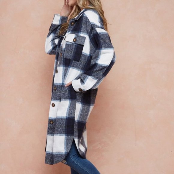 Brushed Flannel Plaid Button Long Coats - Picture 2 of 11